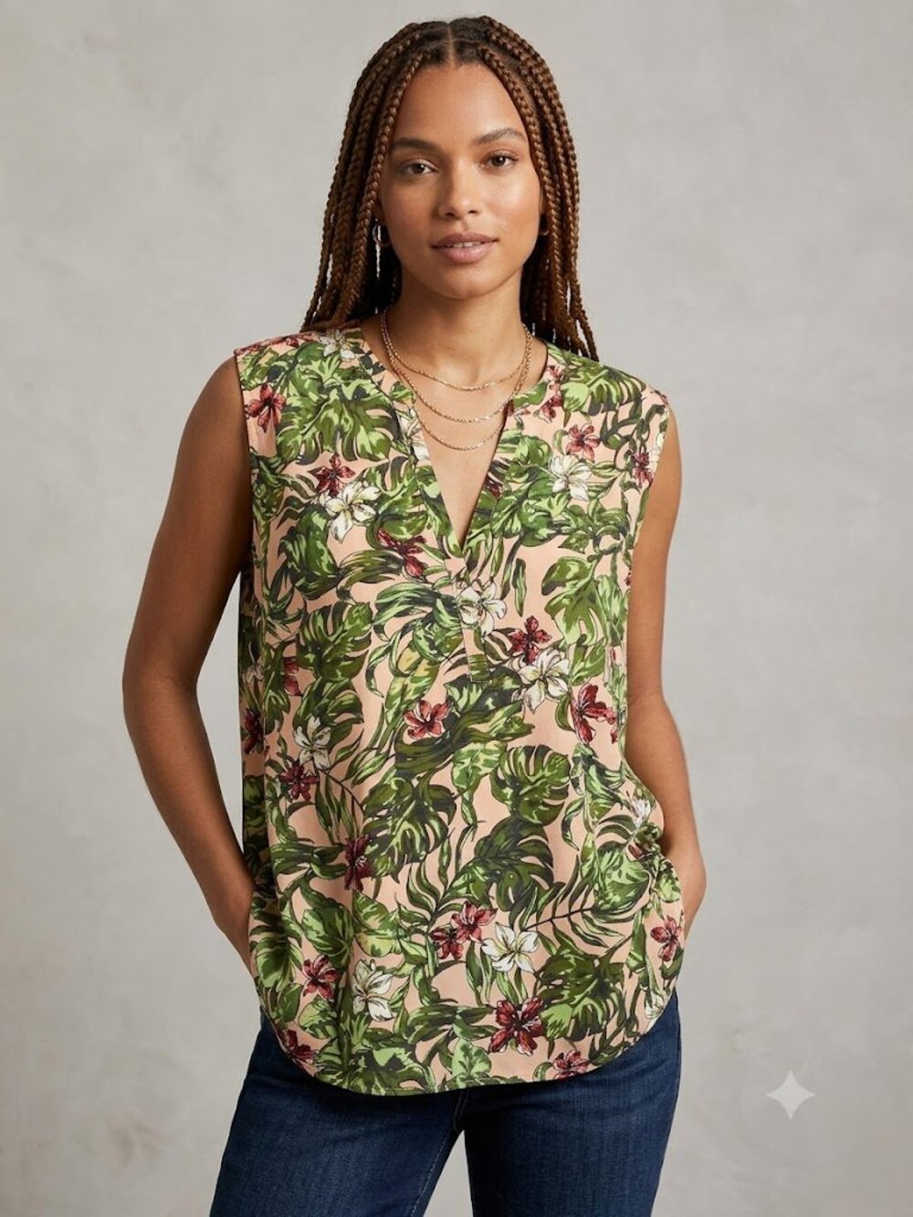 Junarose Pink Tropical Leaf & Floral Print Sleeveless Blouse